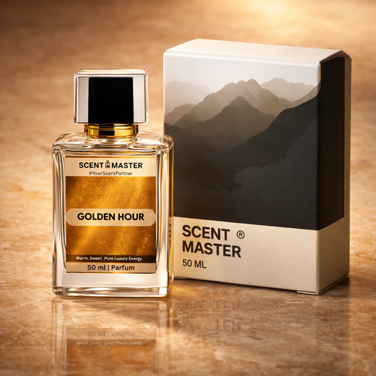 Perfume bottle and packaging of Scent Master Golden Hour on a wooden surface