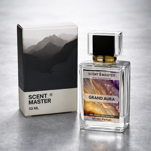 Scent Master Grand Aura perfume bottle and packaging on a gray background