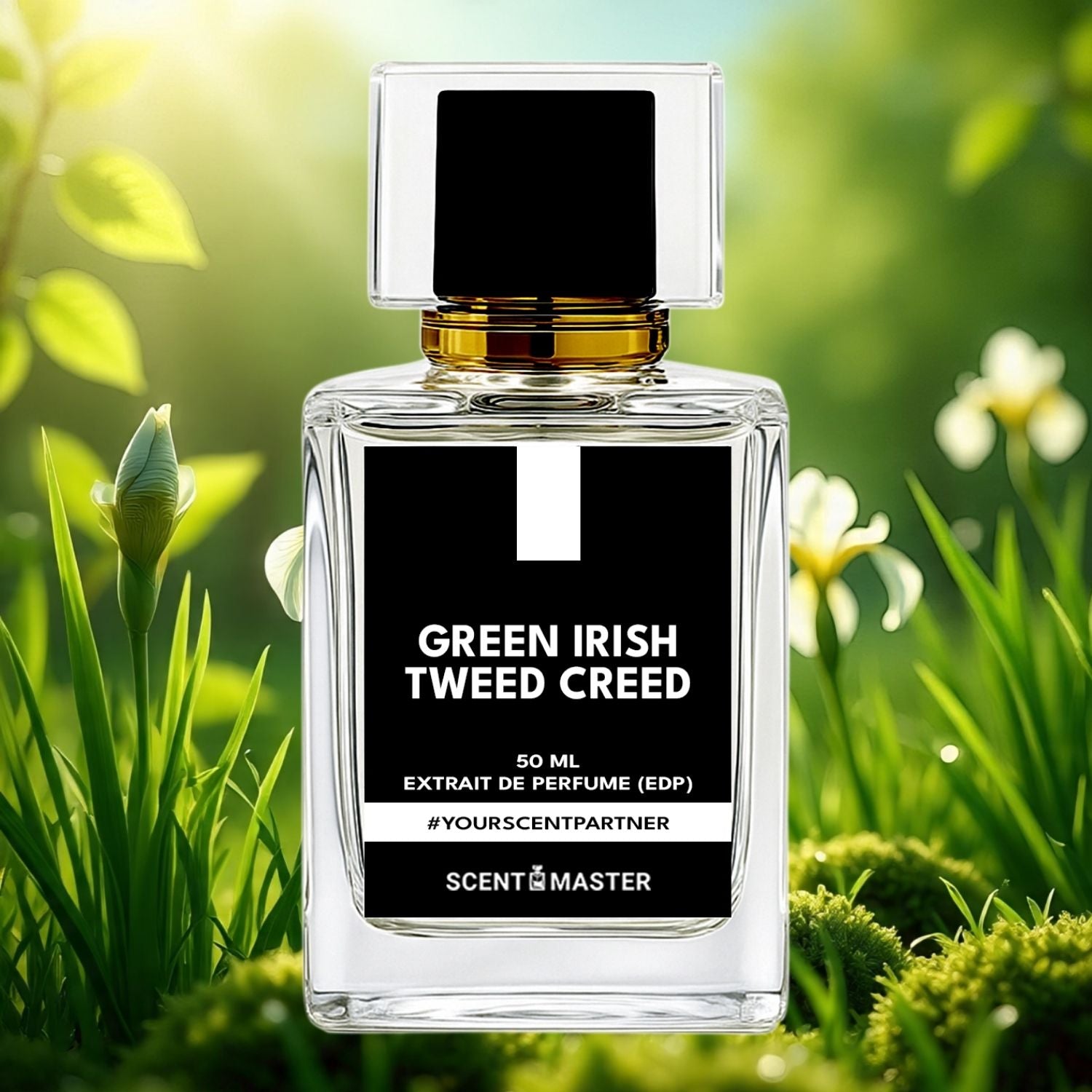 Perfume bottle labeled 'Green Irish Tweed Creed' with a natural background