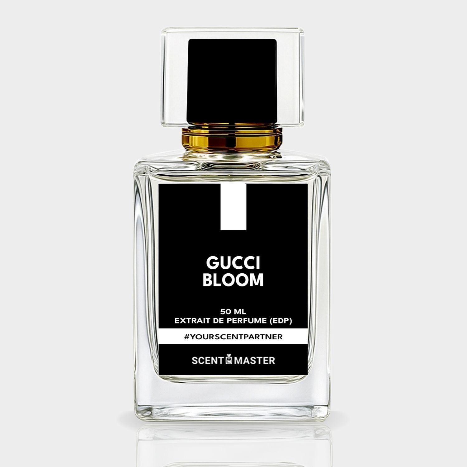 Gucci Bloom perfume bottle on a light gray background