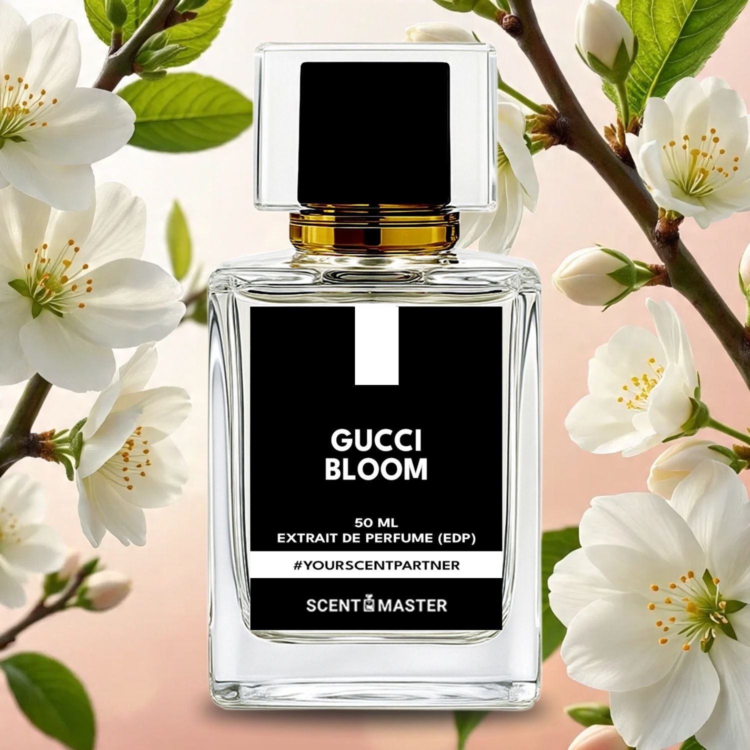 Gucci Bloom perfume bottle with white flowers in the background
