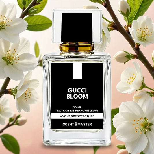 Gucci Bloom perfume bottle with white flowers in the background