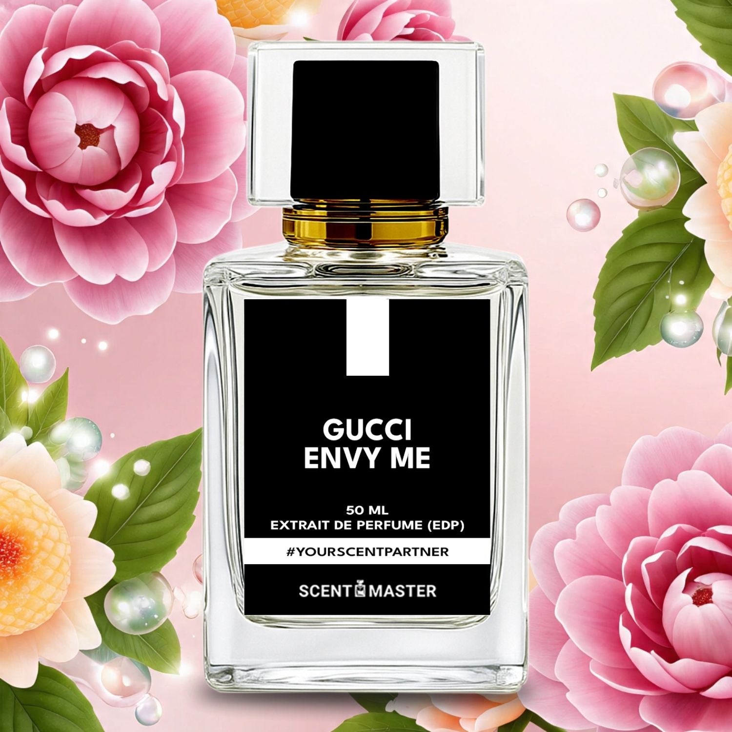 Gucci Envy Me perfume bottle with floral background