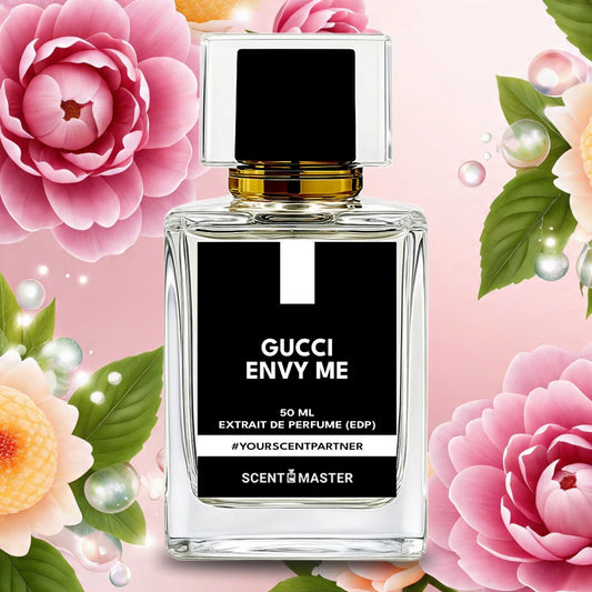 Gucci Envy Me perfume bottle with floral background