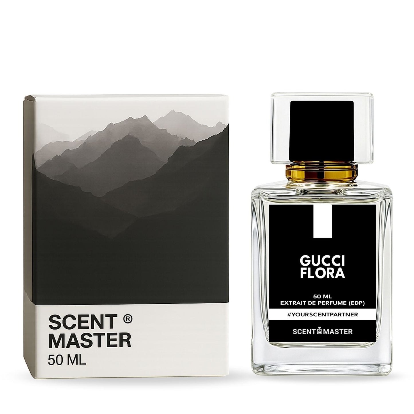 Gucci Flora perfume bottle and packaging with mountain design on a white background