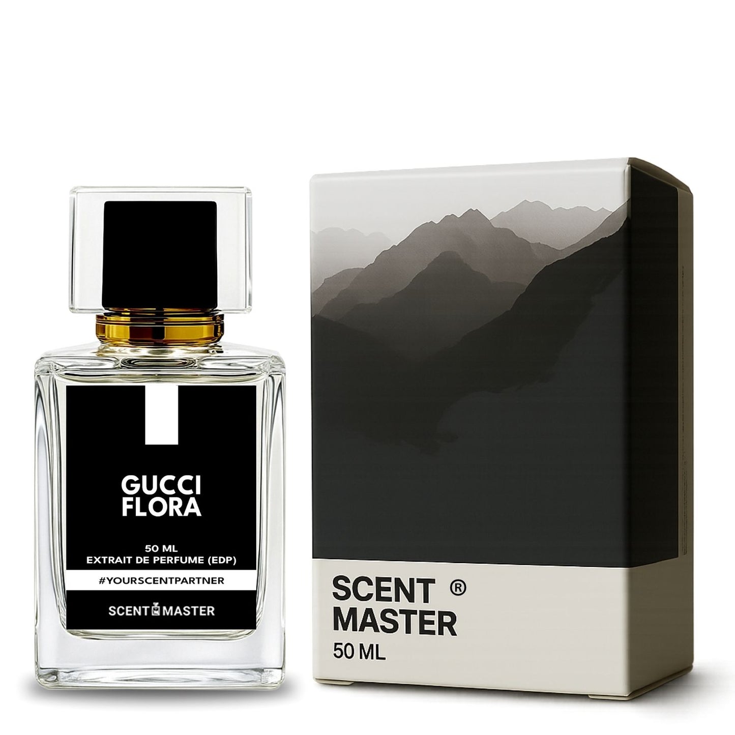 Gucci Flora perfume bottle with packaging featuring mountain design on a white background