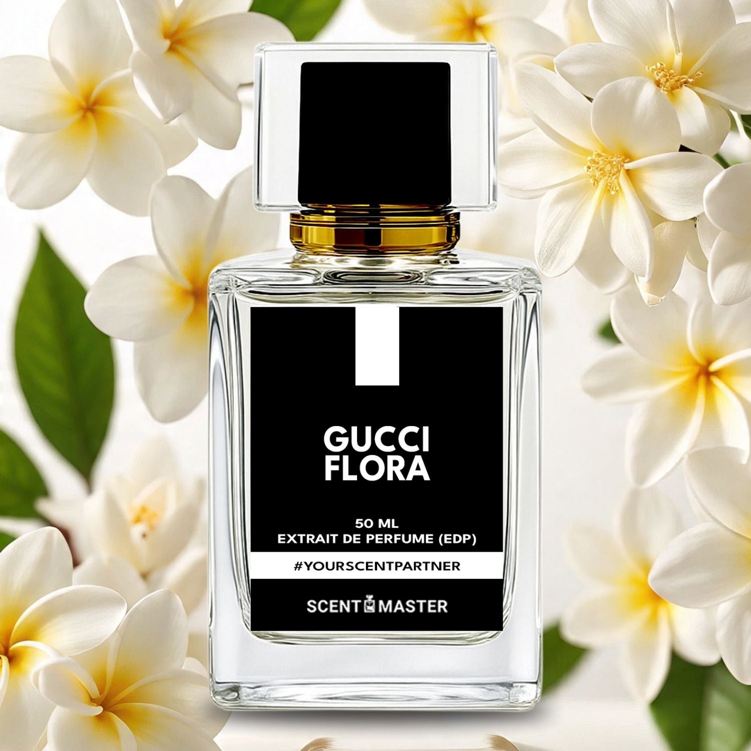 Gucci Flora perfume bottle with flowers in the background