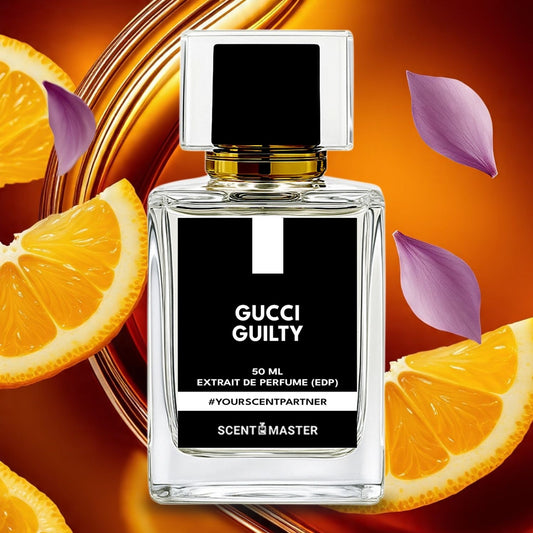 Gucci Guilty perfume bottle with orange slices and purple leaves on a warm background
