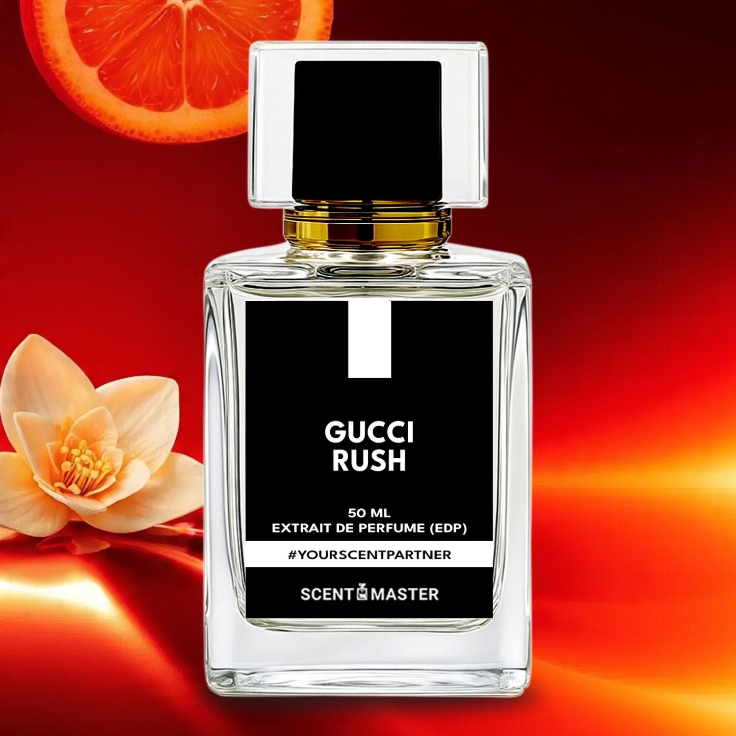 Gucci Rush perfume bottle with a flower and orange slice on a red background