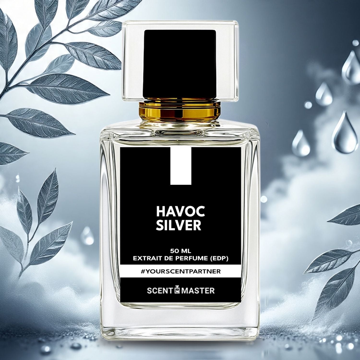 Perfume bottle labeled 'Havoc Silver' with leaves and water droplets in the background