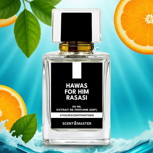 Perfume bottle labeled 'Hawas for Him Rasasi' with oranges and leaves on a blue background