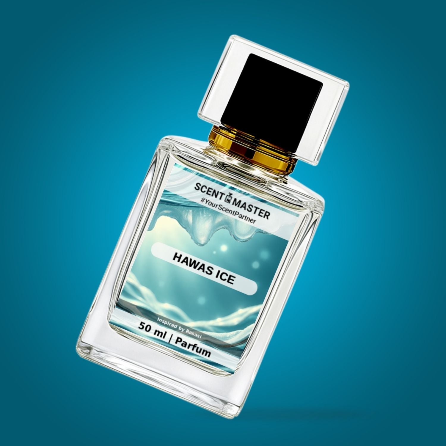 Perfume bottle labeled 'Hawas Ice' by Scent Master on a blue background