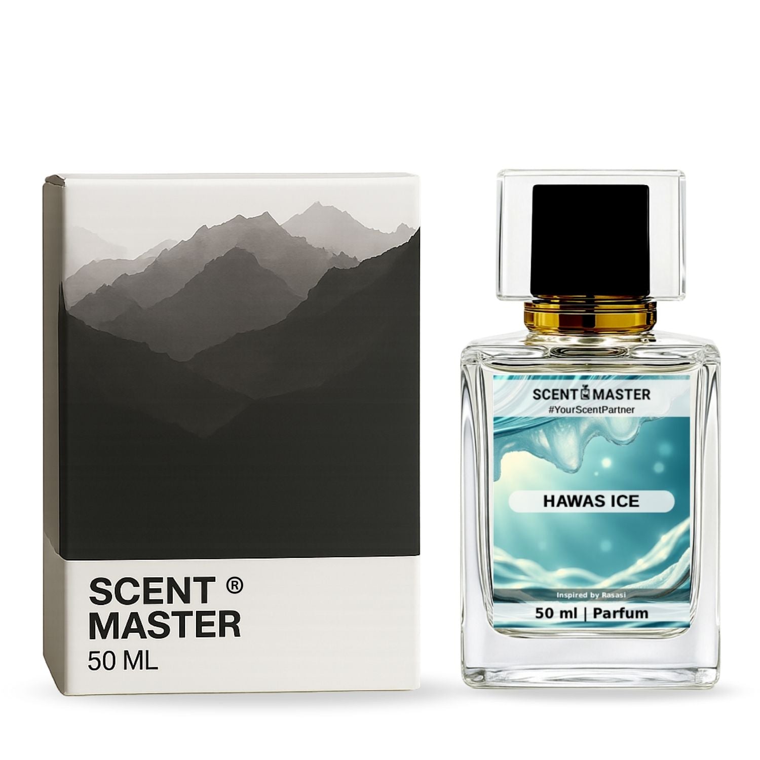 Scent Master perfume bottle and packaging with mountain design