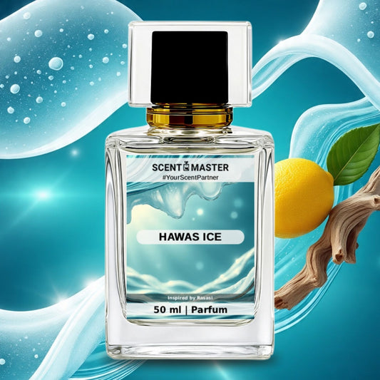 Perfume bottle labeled 'Hawas Ice' by Scent Master with a lemon and leaf on a blue background