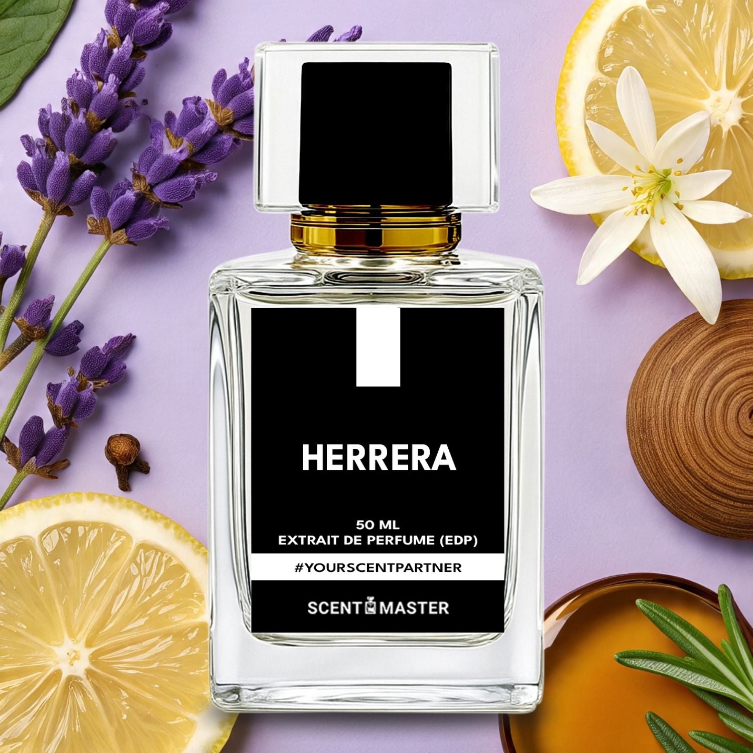 Herrera perfume bottle with lavender and lemon slices on a purple background