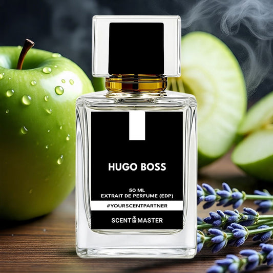 Hugo Boss perfume bottle with green apples and lavender on a wooden surface