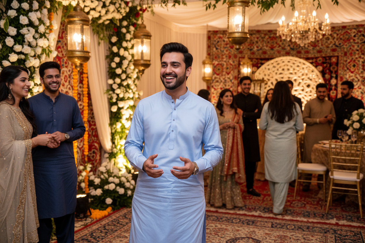 Man wearing sky blue shalwar kameez at formal family wedding event