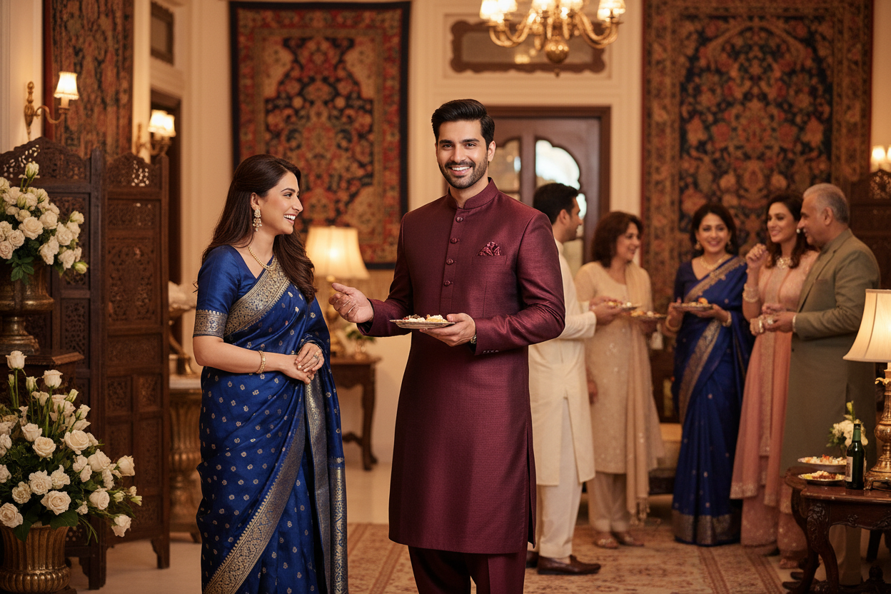 Man wearing wine burgundy premium tropical fabric at formal family wedding event celebration