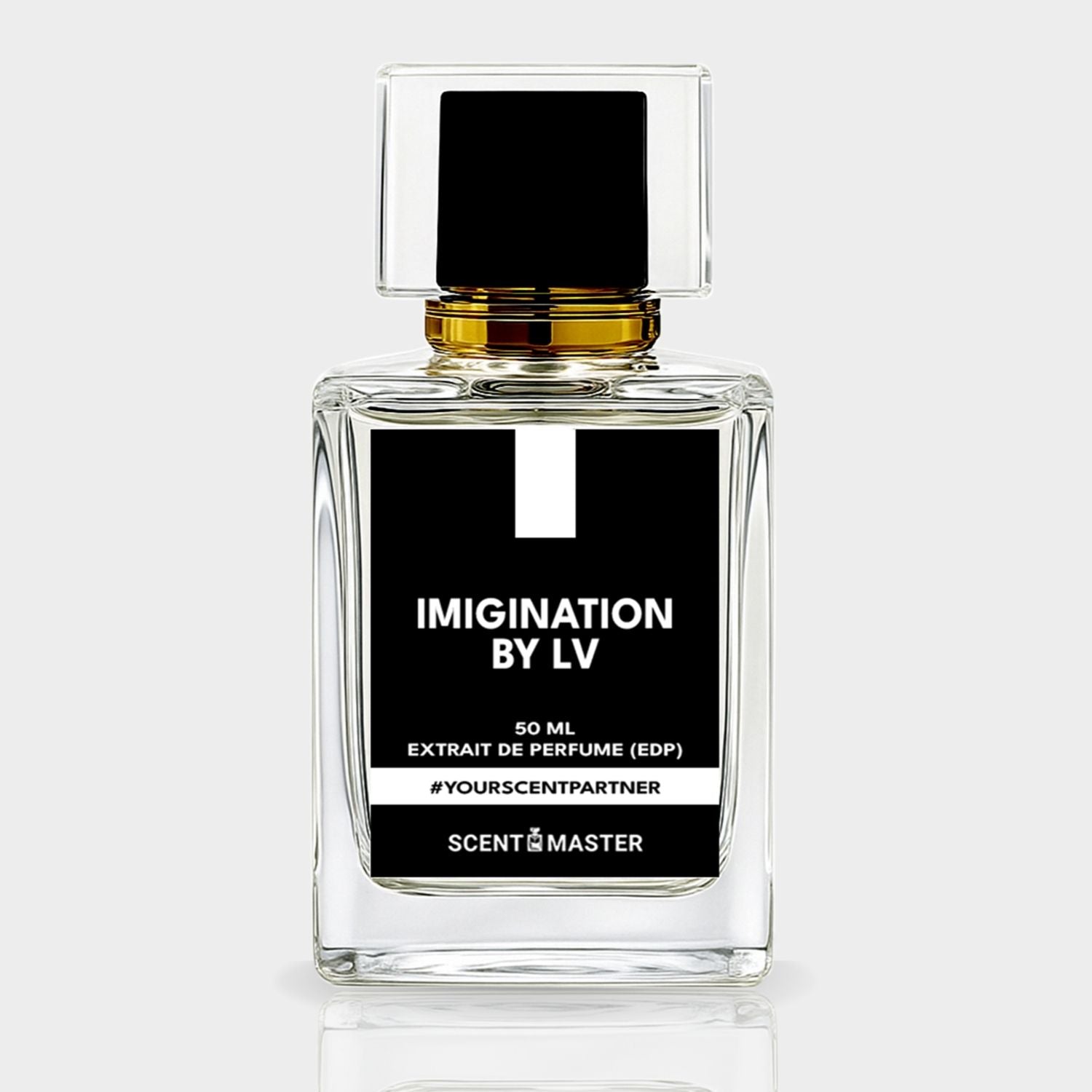 Perfume bottle labeled 'Imagination by LV' on a light gray background