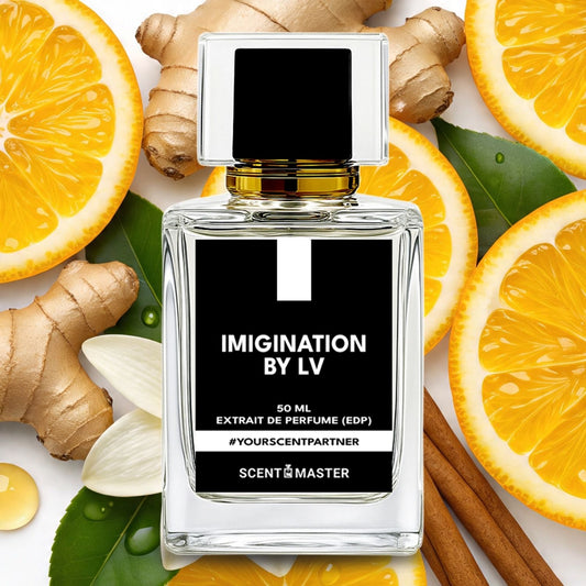 Perfume bottle labeled 'Imagination by LV' surrounded by oranges, ginger, and cinnamon on a white background.