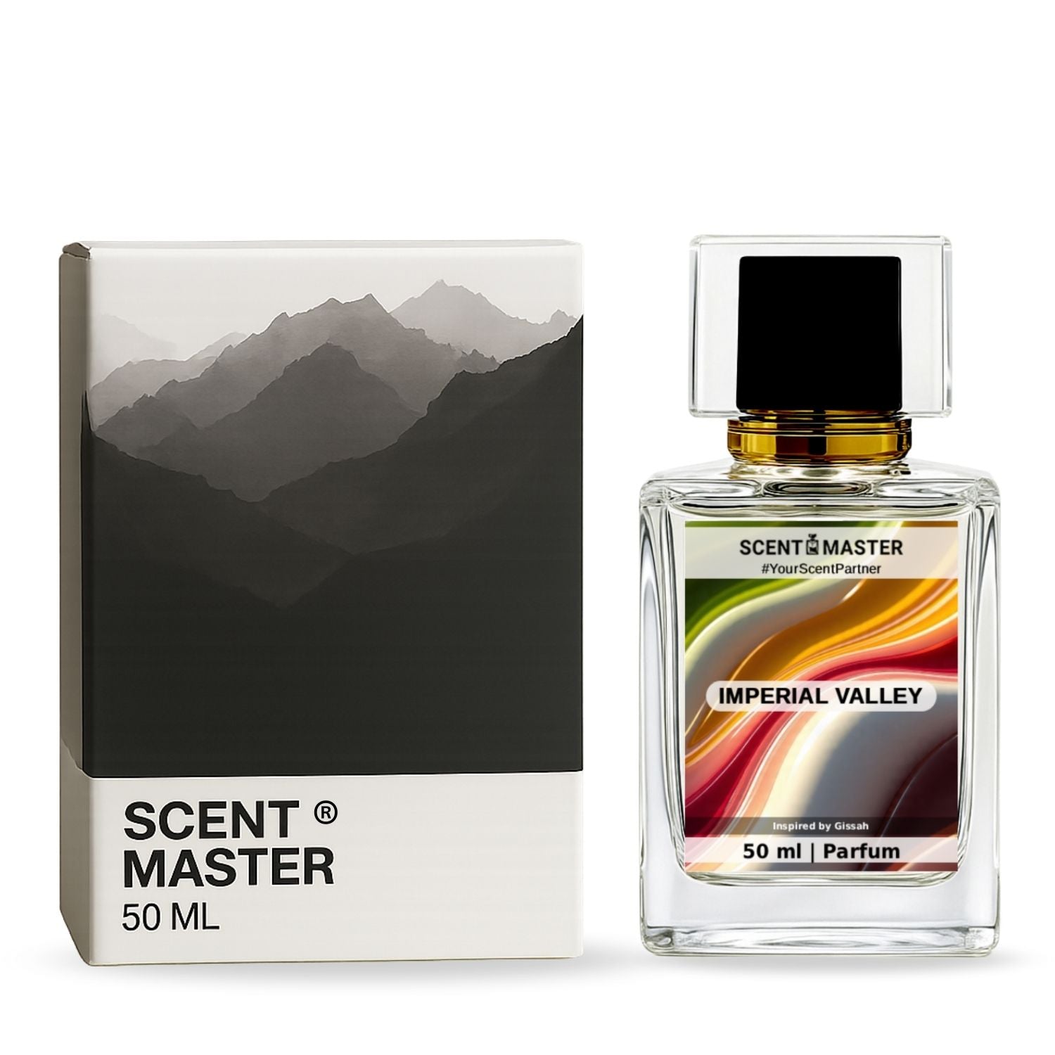 Scent Master perfume bottle and packaging with mountain design on a white background