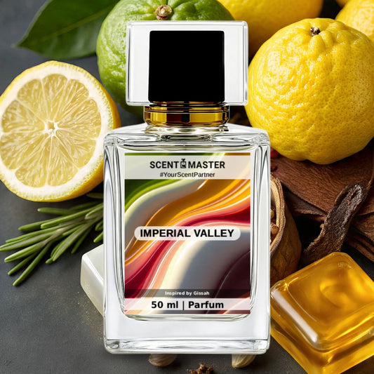 Perfume bottle labeled 'Imperial Valley' by Scent Master with lemons and rosemary on a dark background