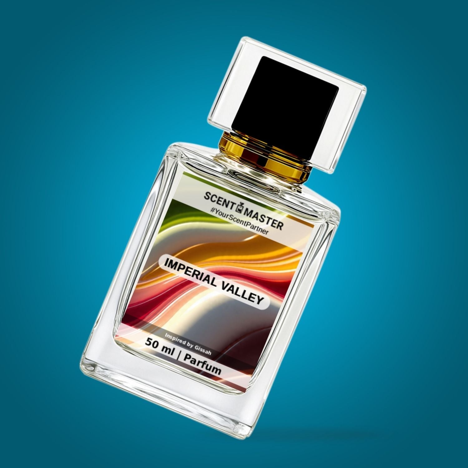 Perfume bottle labeled 'Imperial Valley' by Scent Master on a blue background