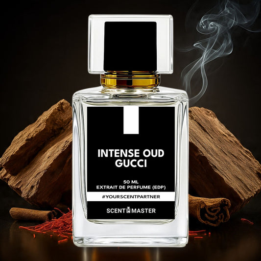 Gucci Intense Oud perfume bottle with oudwood and cinnamon sticks on a dark background