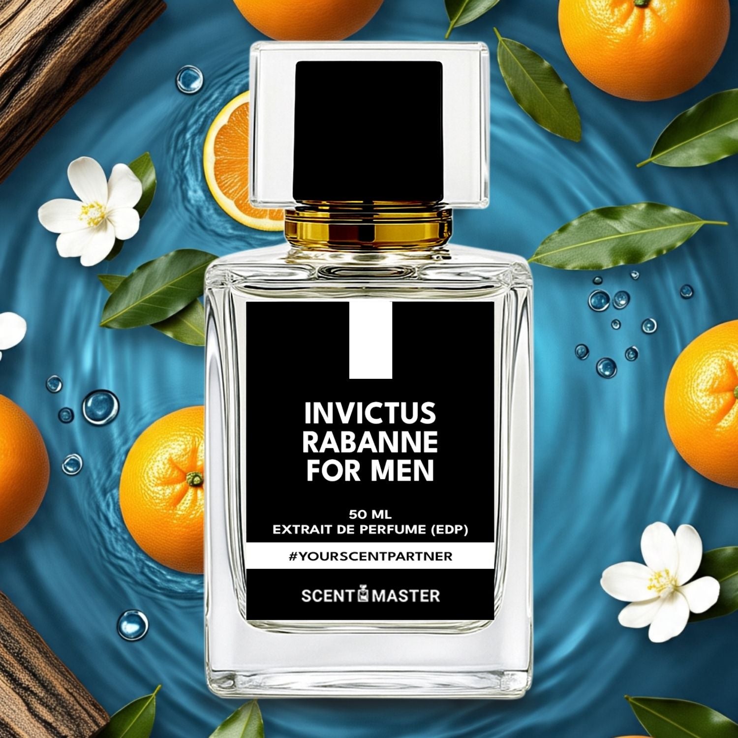 Invictus Rabanne for Men perfume bottle with oranges and flowers on a blue background