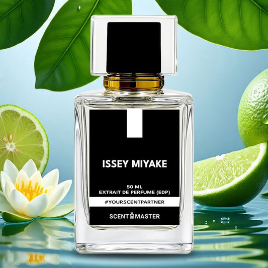 Issey Miyake perfume bottle with lime and water lily elements on a blue background