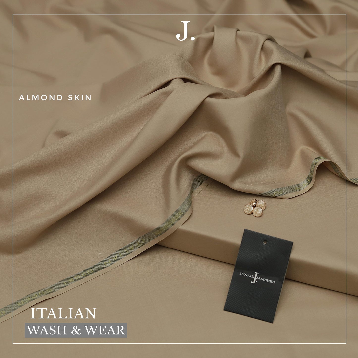 Brown fabric with a tag displaying 'J.' brand on a matching brown background