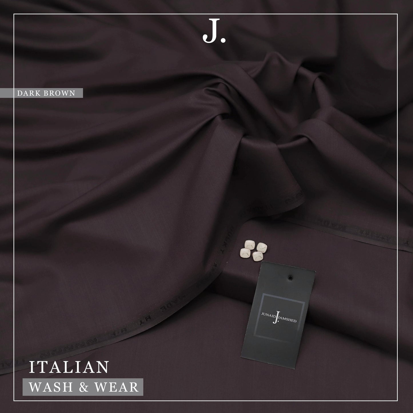 Dark brown fabric with a tag and 'J.' brand logo on a dark background