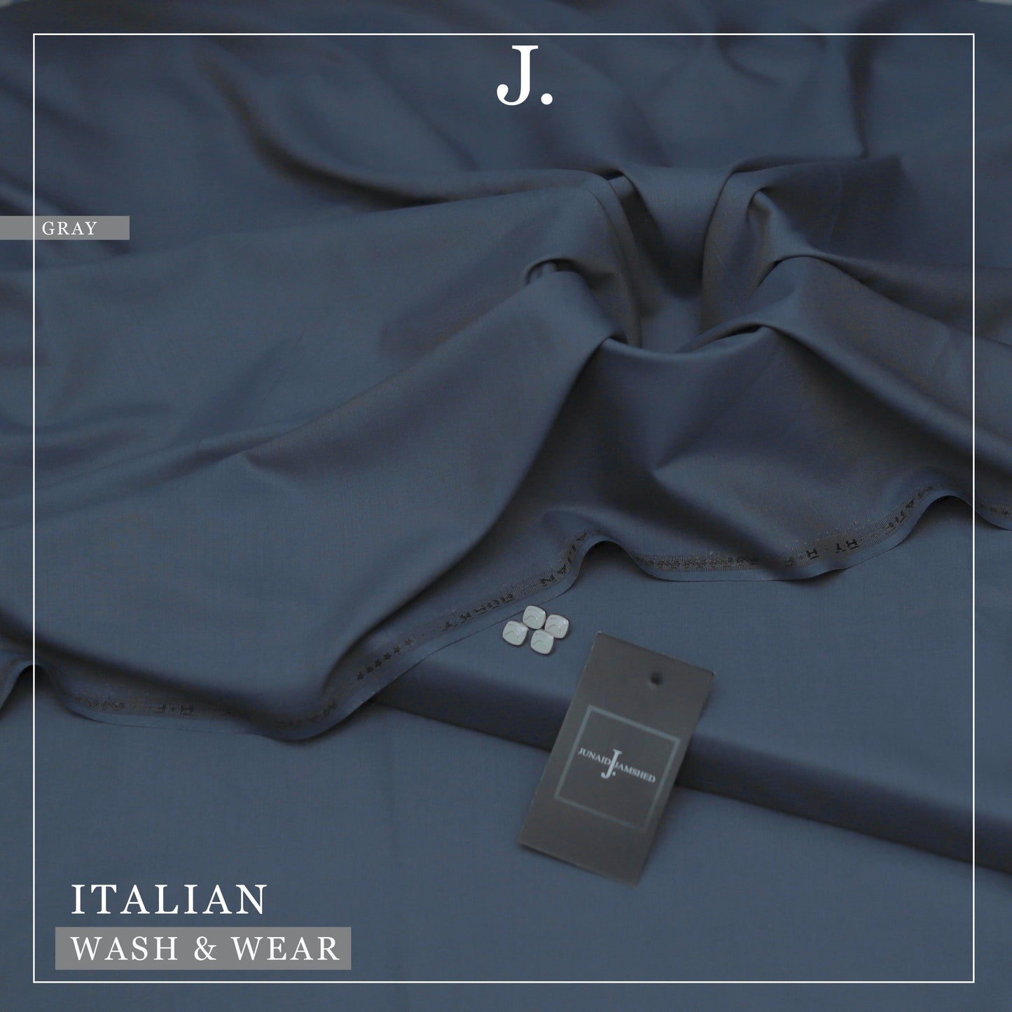 Gray fabric with a tag labeled 'J.' on a matching background