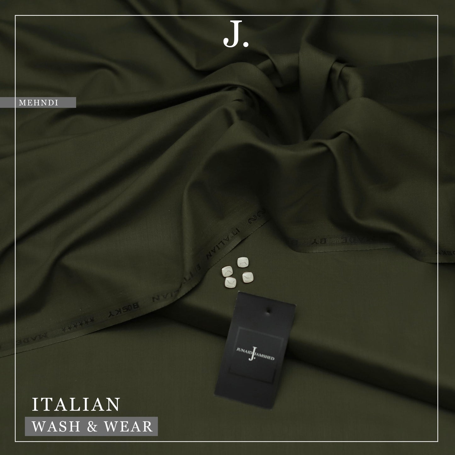Dark mehndi green fabric with a tag and buttons on a matching background, featuring the brand 'J'.