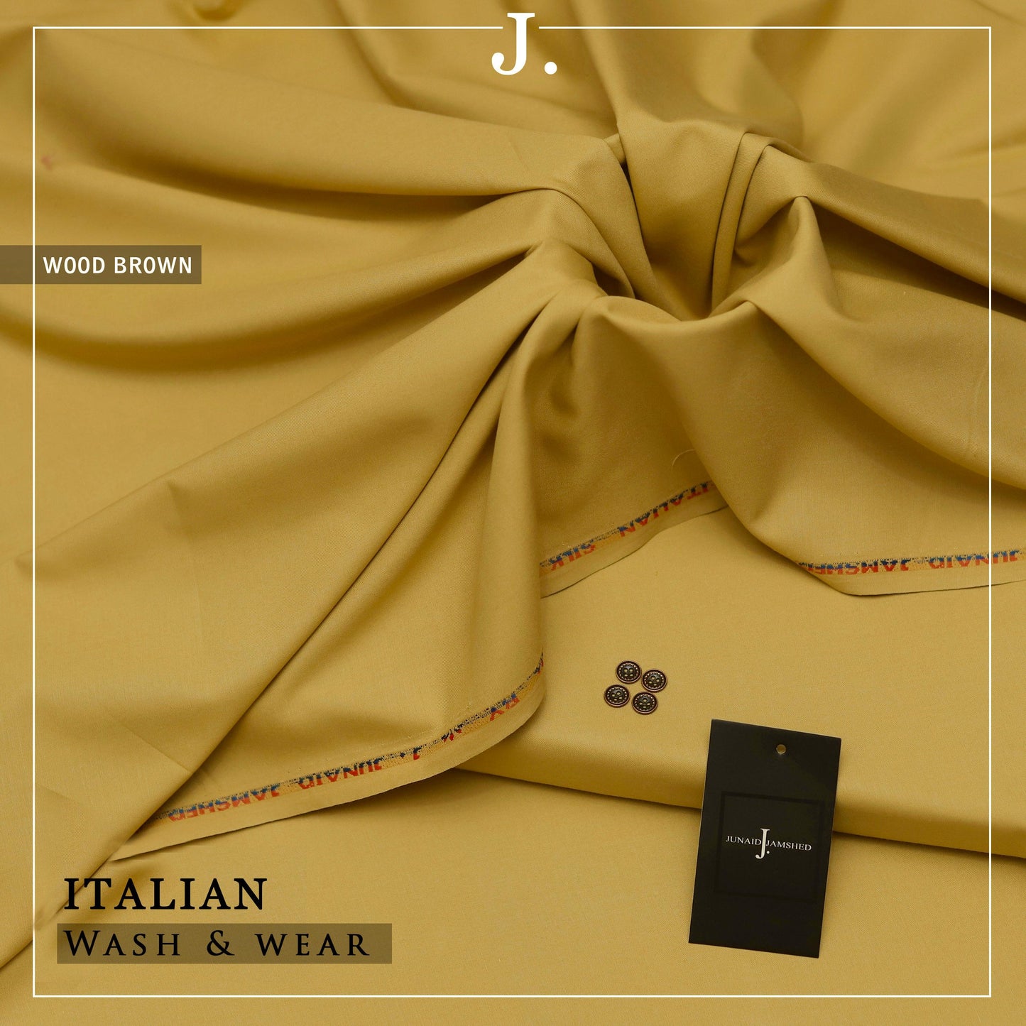 Wood brown fabric with 'J dot Italian Wash & Wear' label and brand logo.