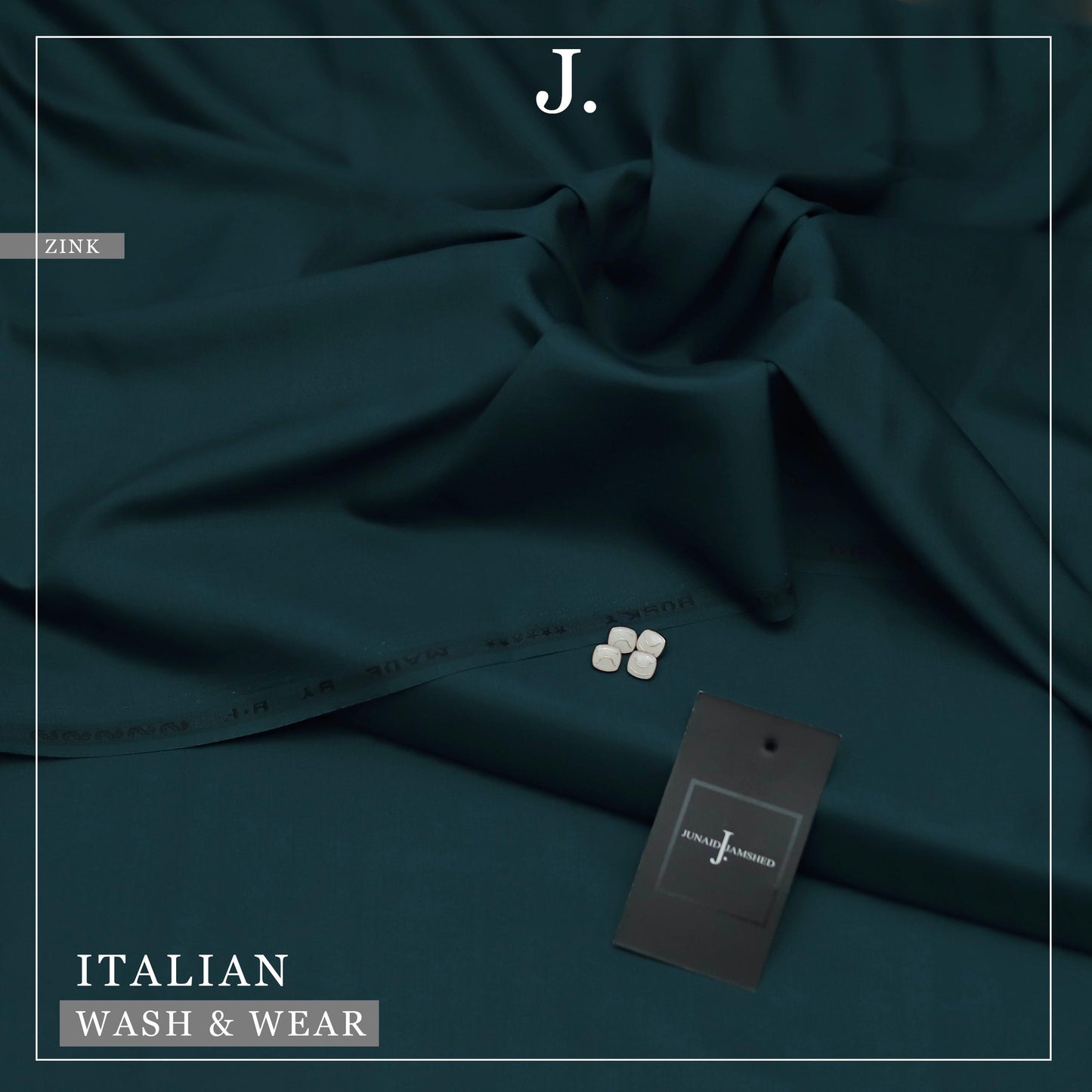 Zink fabric with a tag and buttons on a matching background, featuring the brand 'J.'