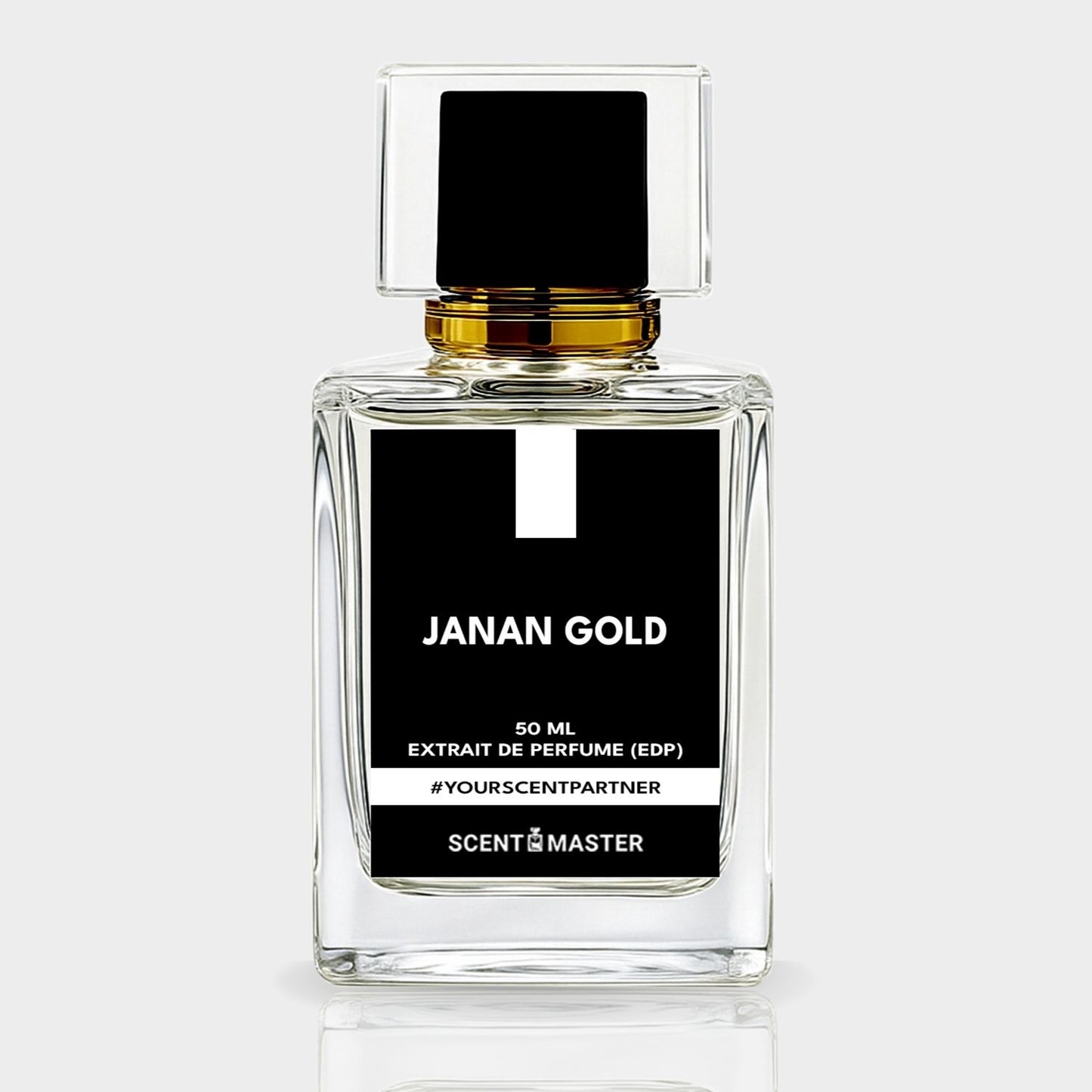 Perfume bottle labeled 'JANAN GOLD' by 'Scent of a Master' on a white background