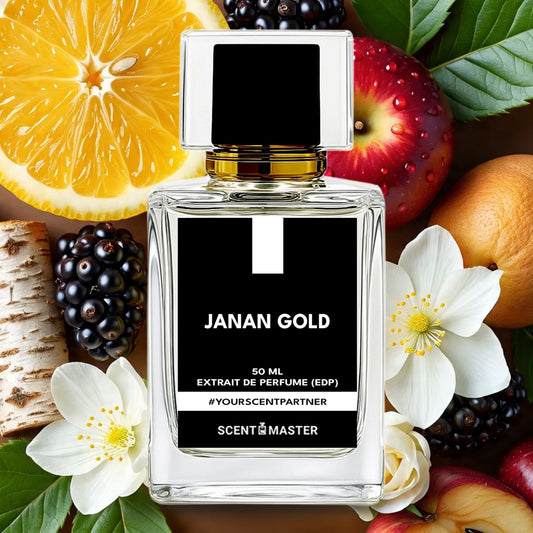 Perfume bottle labeled 'JANAN GOLD' surrounded by fruits and flowers