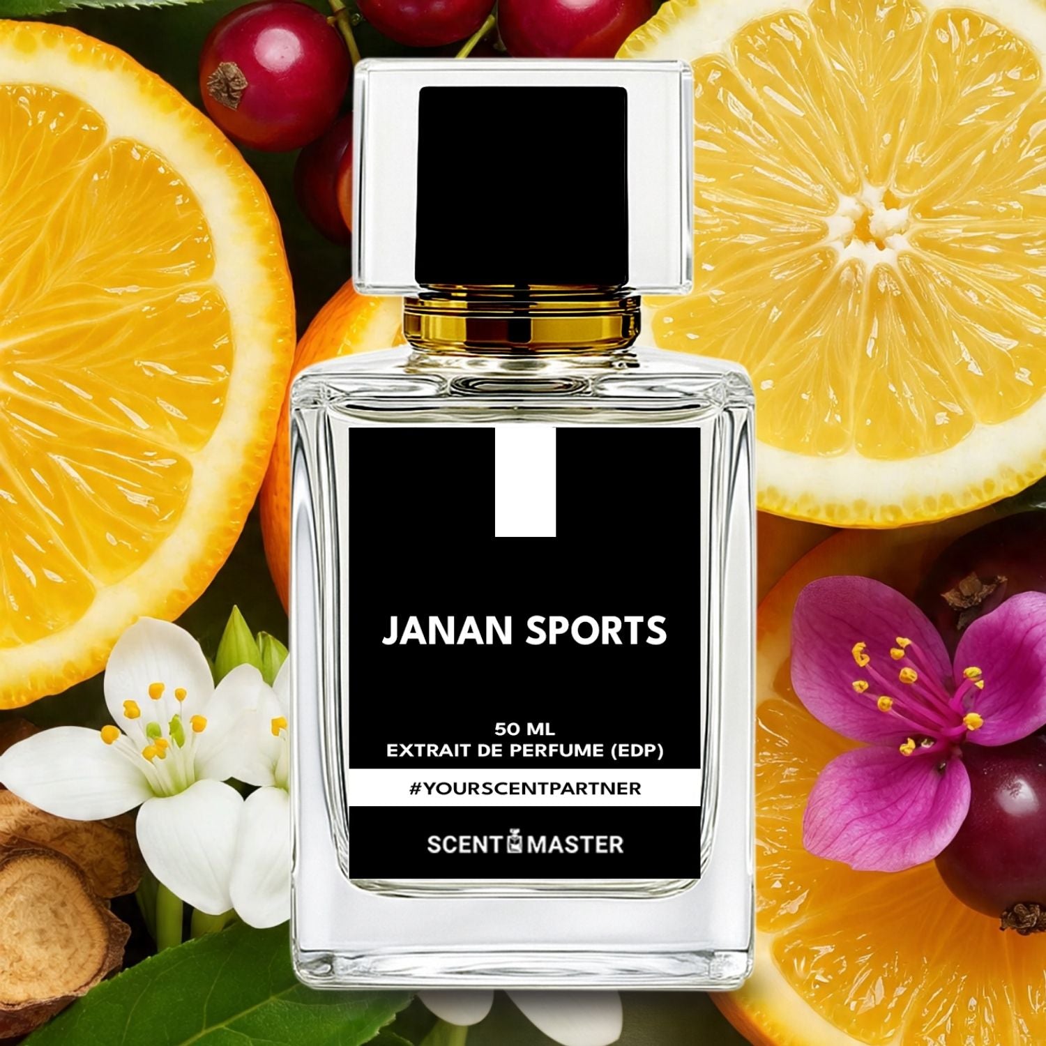 Perfume bottle labeled 'JANAN SPORTS' surrounded by fruits and flowers