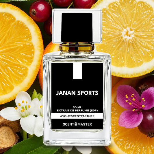 Perfume bottle labeled 'JANAN SPORTS' surrounded by fruits and flowers