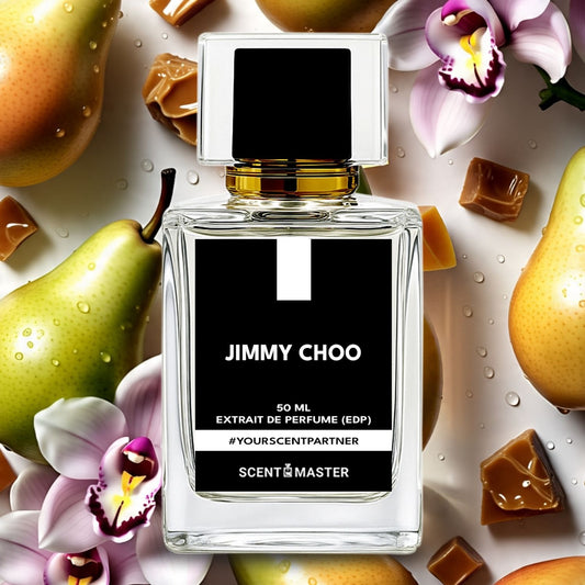 Jimmy Choo perfume bottle surrounded by pears and orchids on a light background