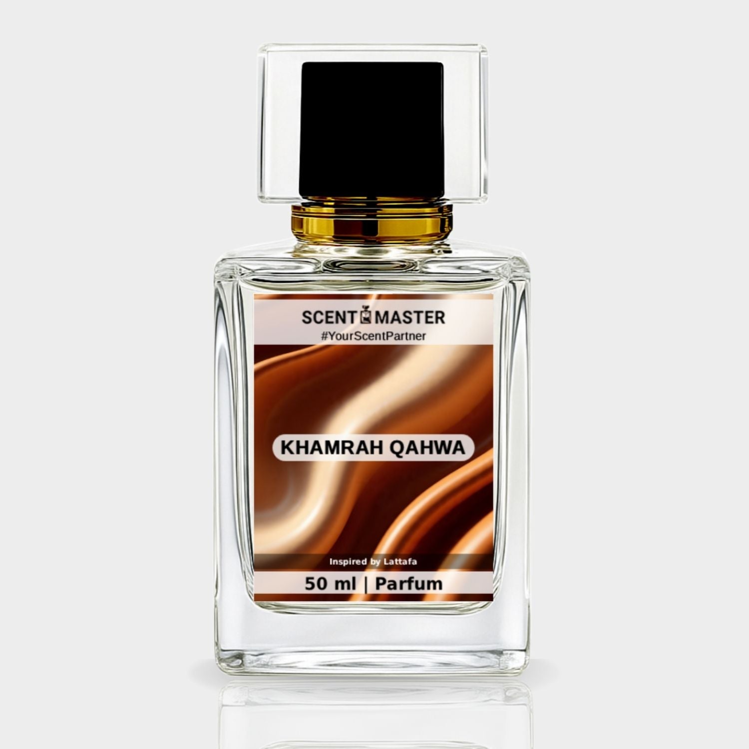 Perfume bottle labeled 'Khamrah Qahwa' by Scent Master on a white background