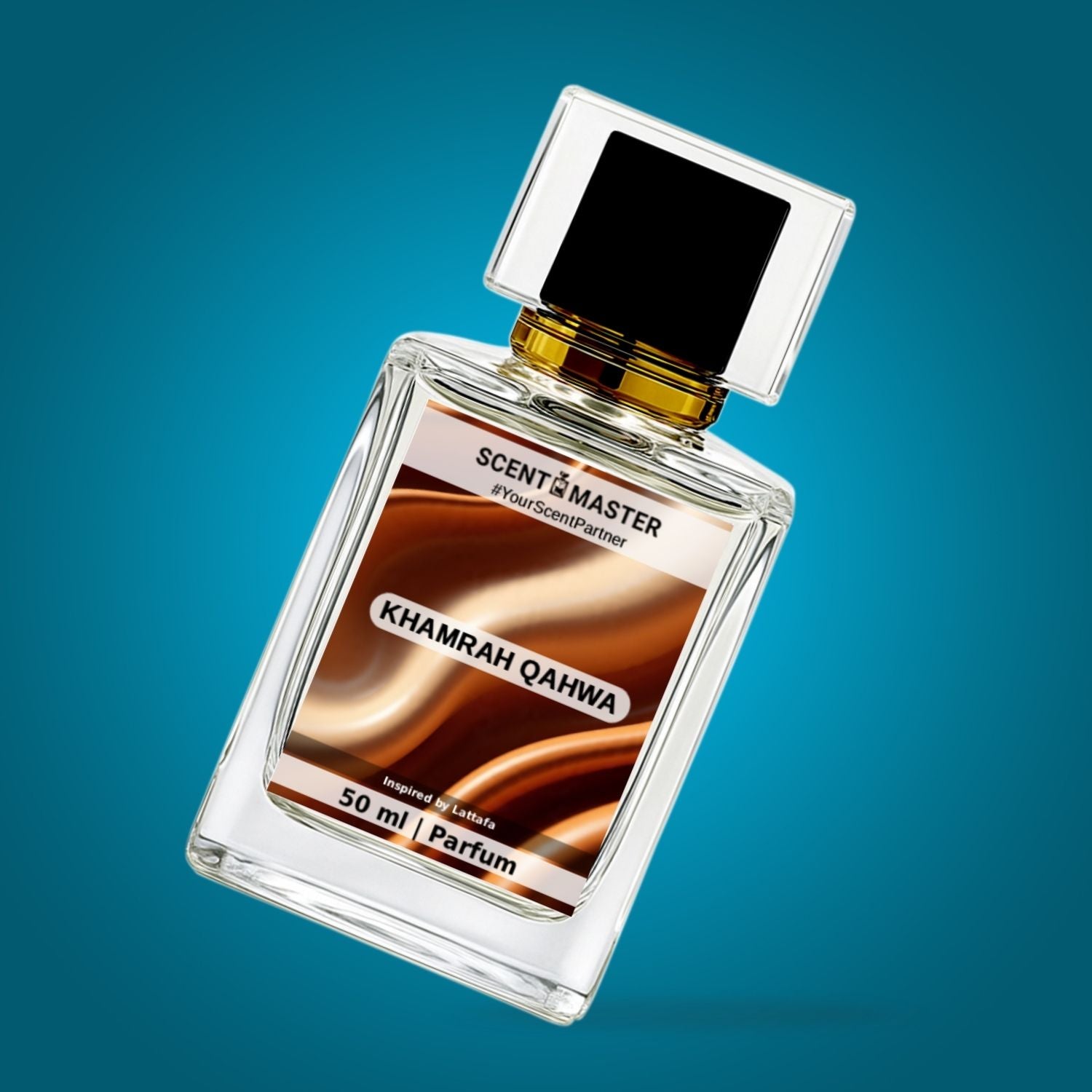 Perfume bottle labeled 'Khamrah Qahwa' by Scent Master on a blue gradient background