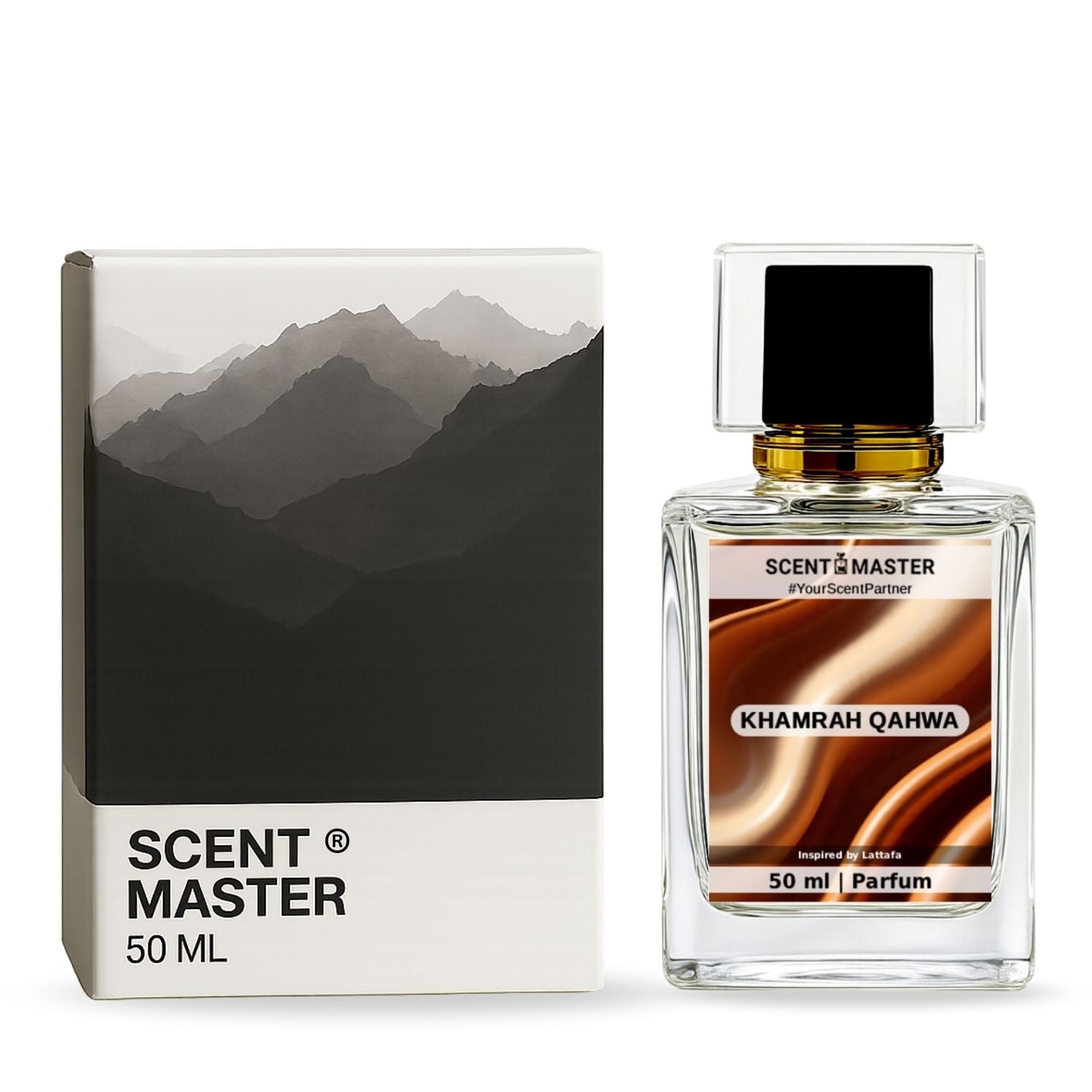 Scent Master Khamrah Qahwa perfume bottle and packaging with mountain design.