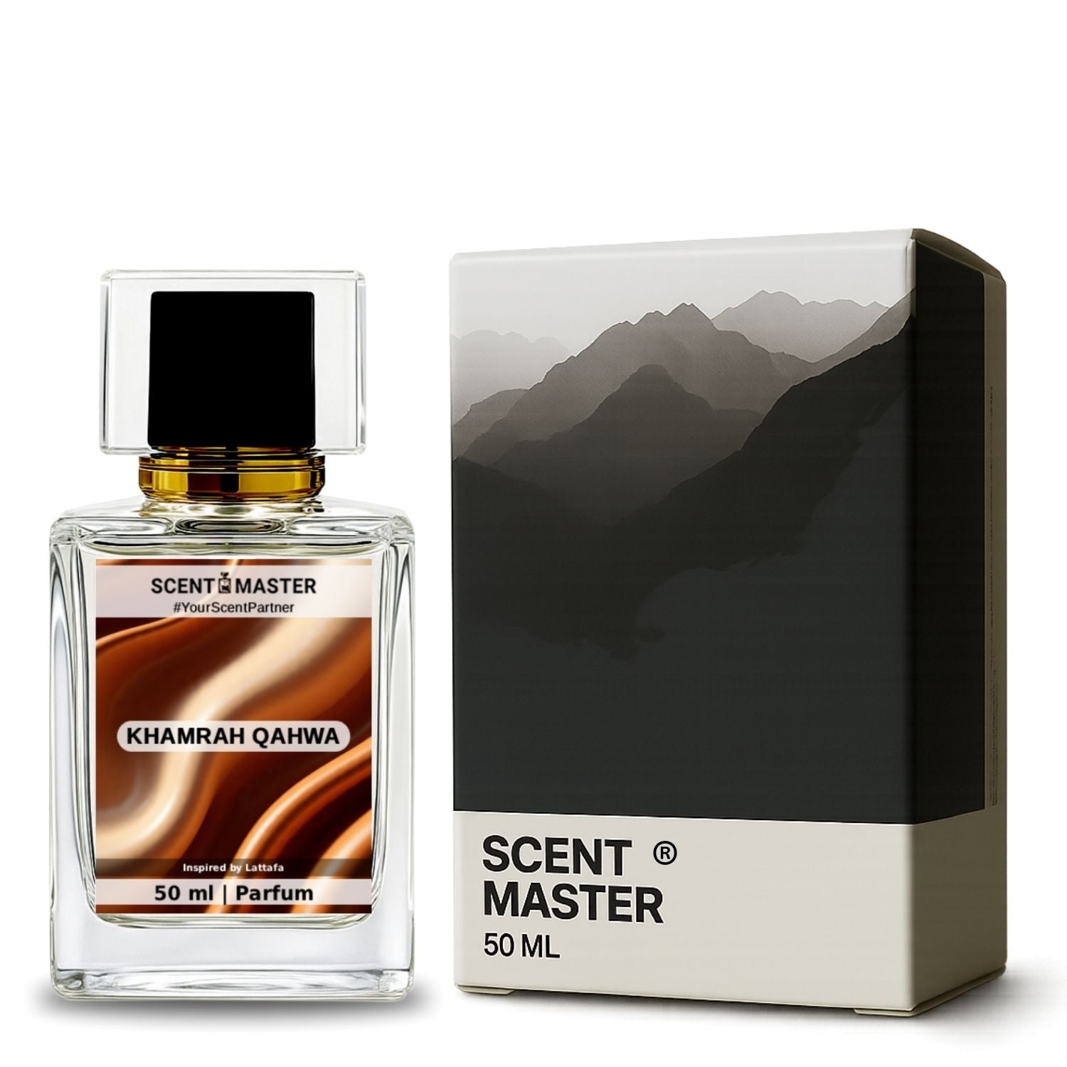 Scent Master Khamrah Qahwa perfume bottle and packaging on a white background