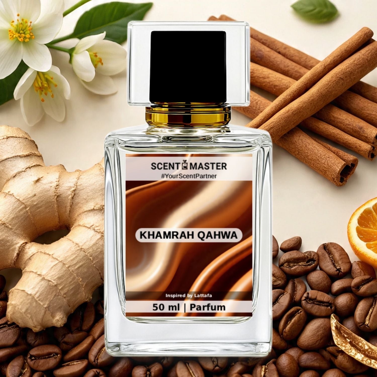 Scent of Master Khamrah Qahwa perfume bottle surrounded by coffee beans, cinnamon sticks, and flowers on a light background.