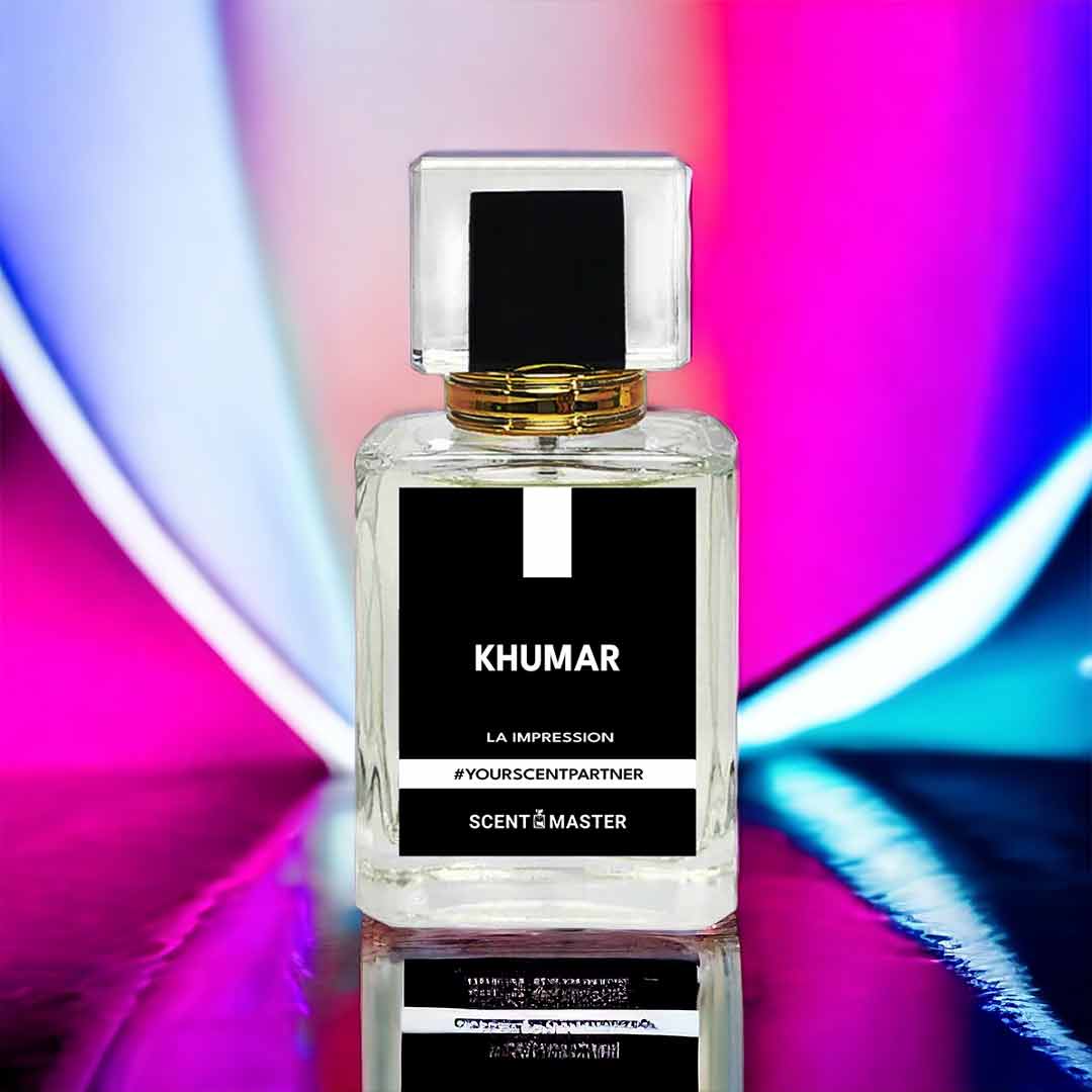 A 50 ML perfume bottle with a label reading 'KHUMAR' and 'SCENT MASTER', presented against a colorful abstract background.
