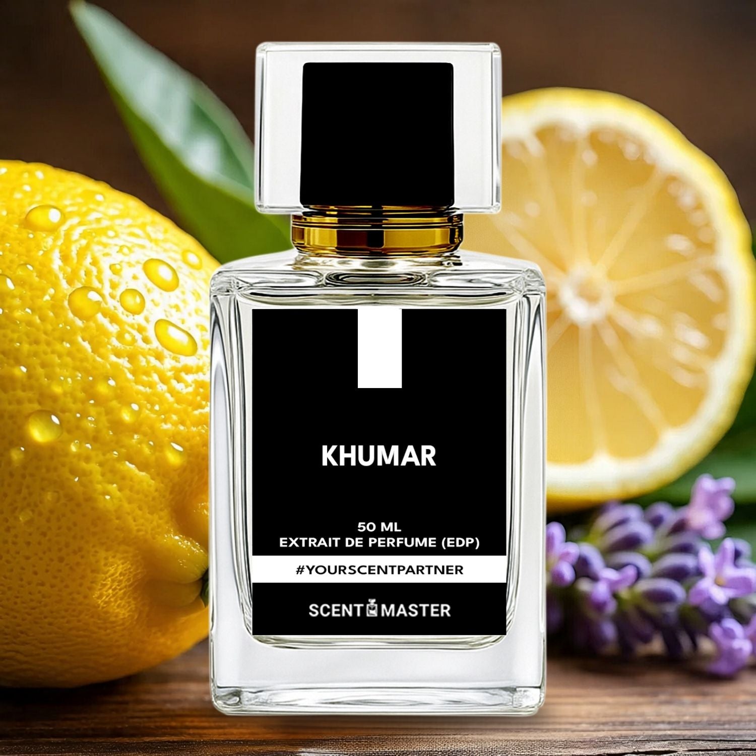 Perfume bottle labeled 'Khumar' with lemons and lavender in the background