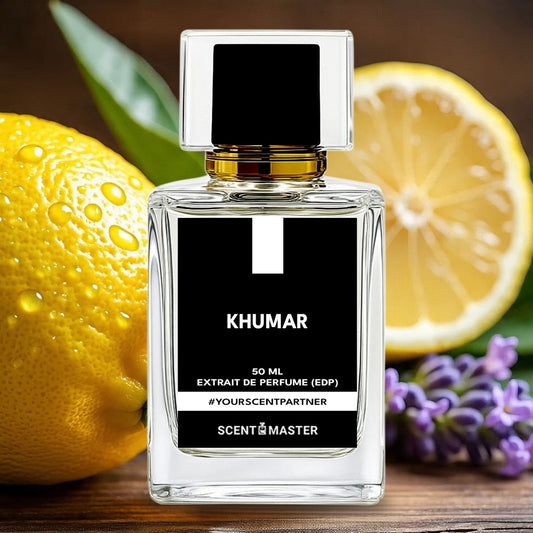 Perfume bottle labeled 'Khumar' with lemons and lavender in the background