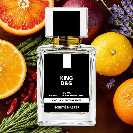 Perfume bottle labeled 'KING D&G' surrounded by fruits and herbs on a wooden surface